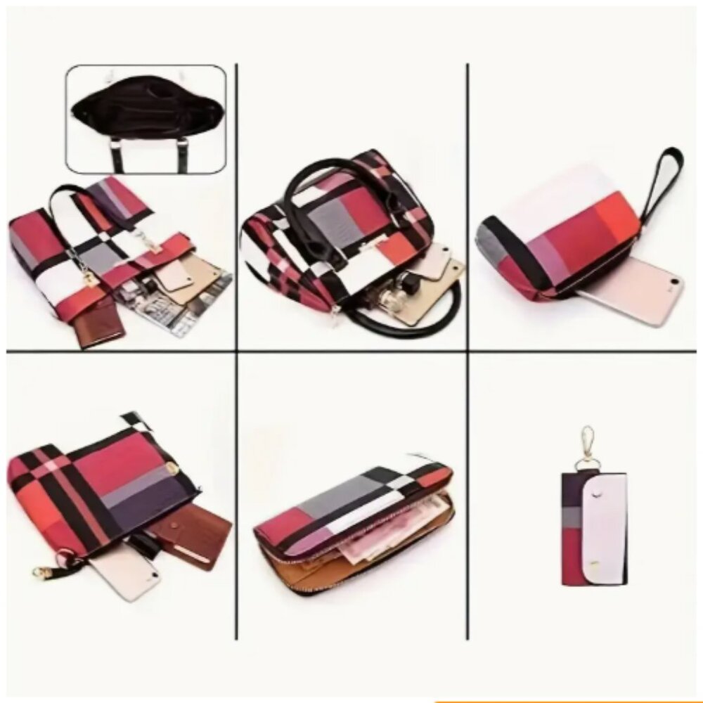 Blue Plaid Leather 6pcs Women's Handbag Set - Picture 4 of 14